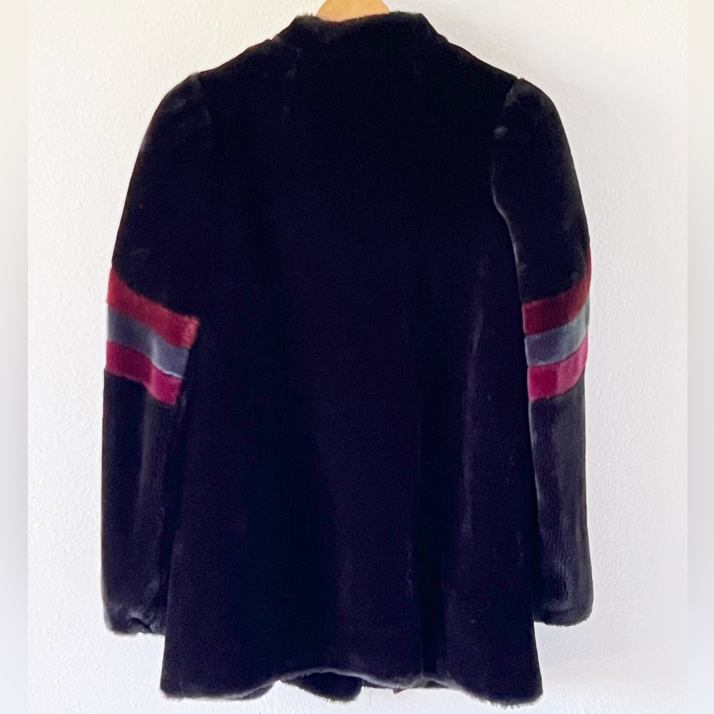 Vintage 80s Black Faux Fur Teddy Coat Colorblock Stripe Size Medium - Picture 6 of 12